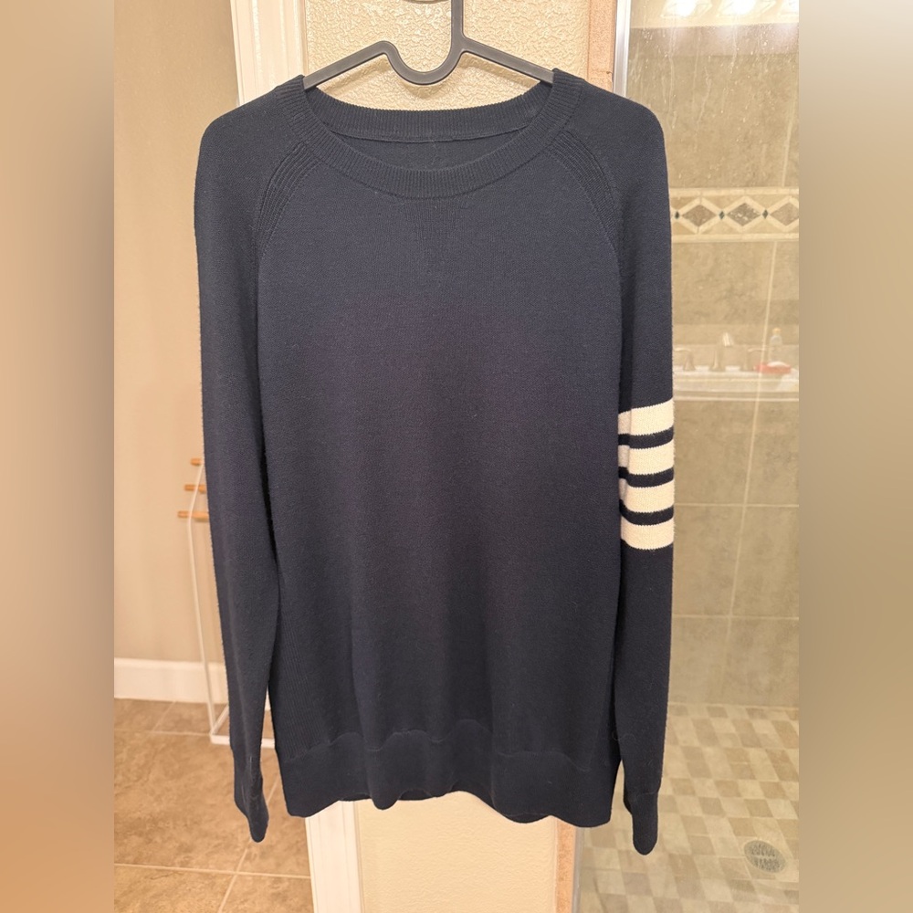 No brand Men's Navy Crewneck Sweater with White Sleeve Stripes